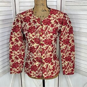 Vintage BASSET Floral Brocade Hip‎ Jacket Button Front Gold Red 38 Petite Small